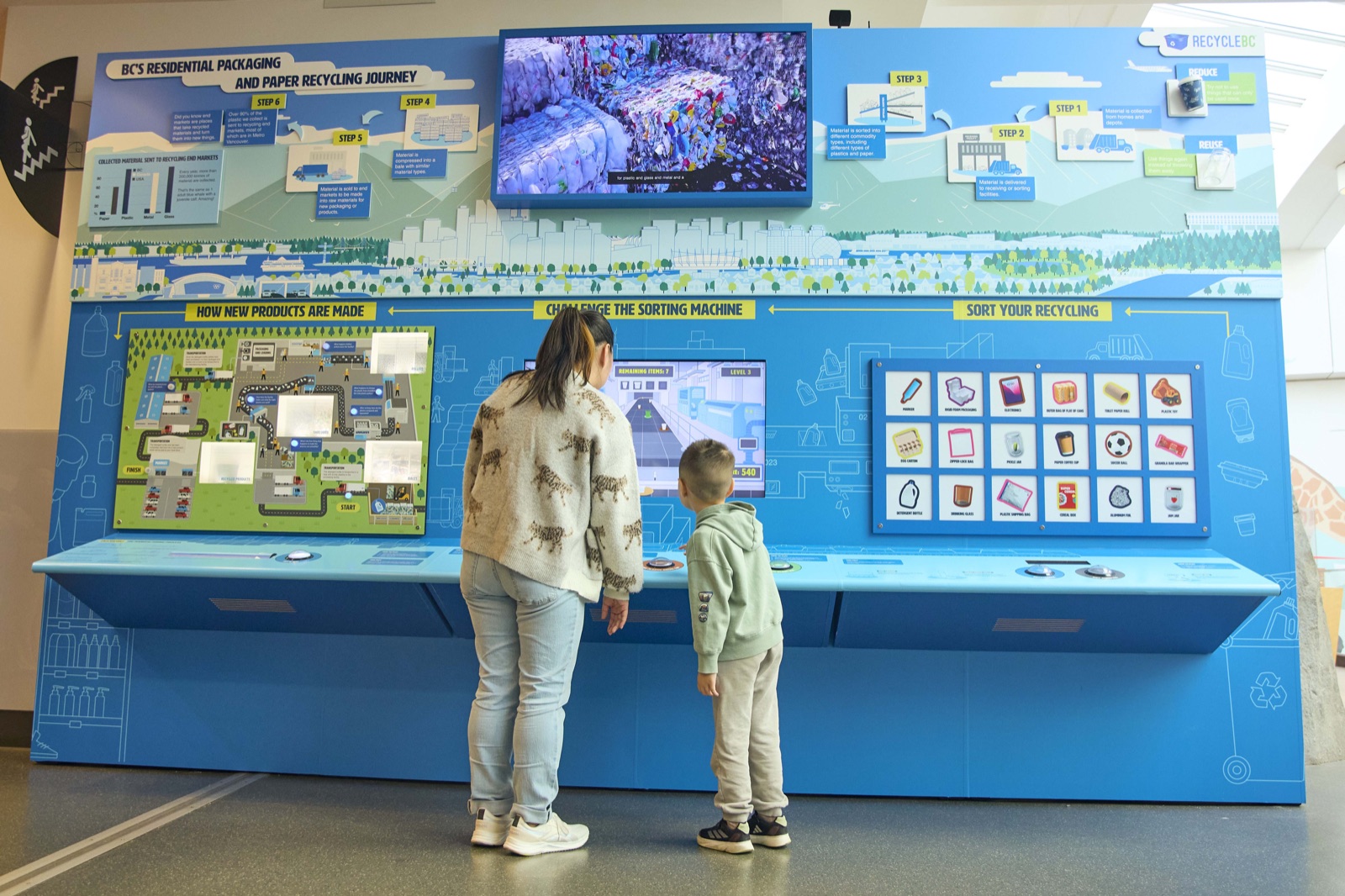 Close-up of the diorama — BC's residential packaging and paper recycling journey