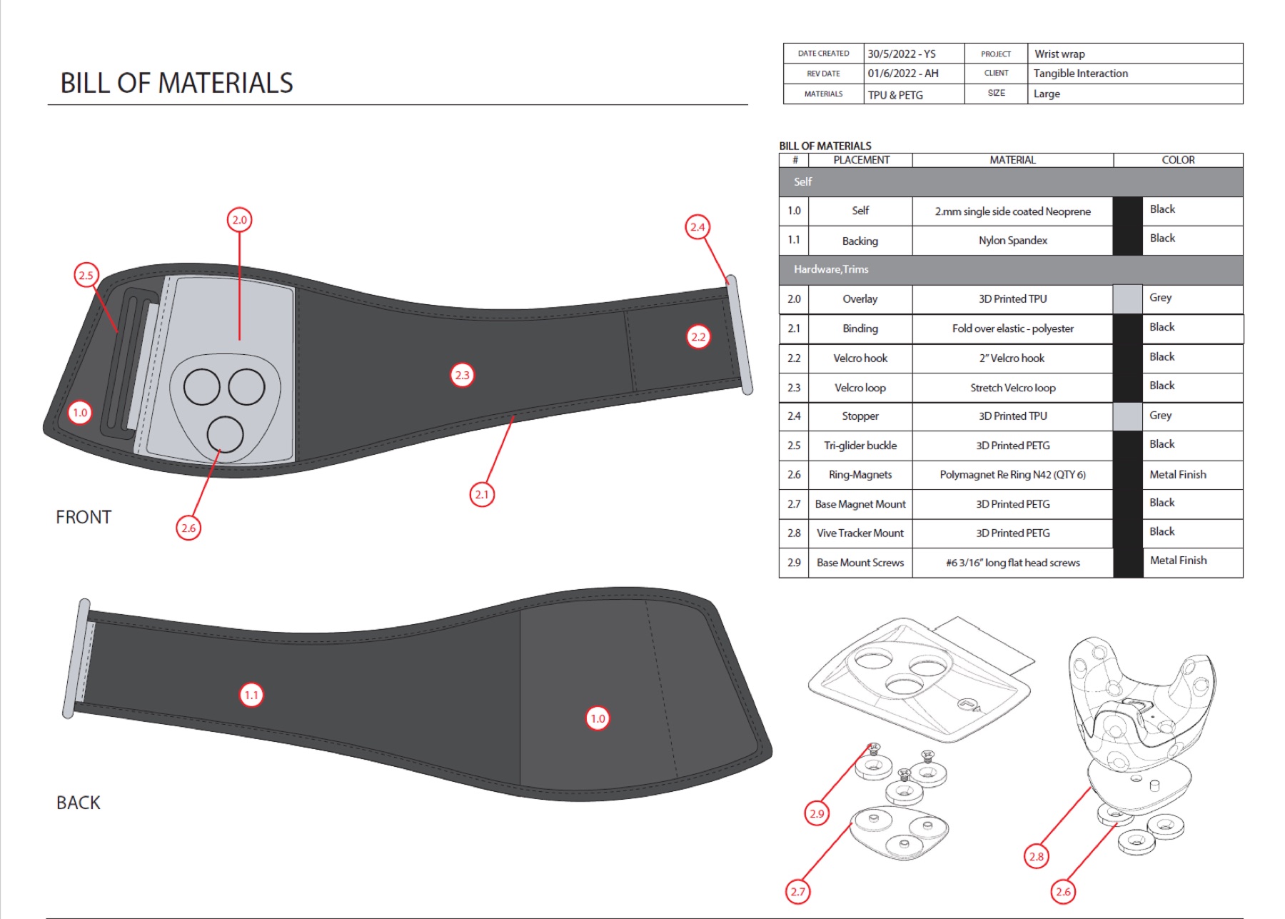 Wrist wrap tech pack showing front and back construction, a bill of materials table, and exploded views of the magnet mount